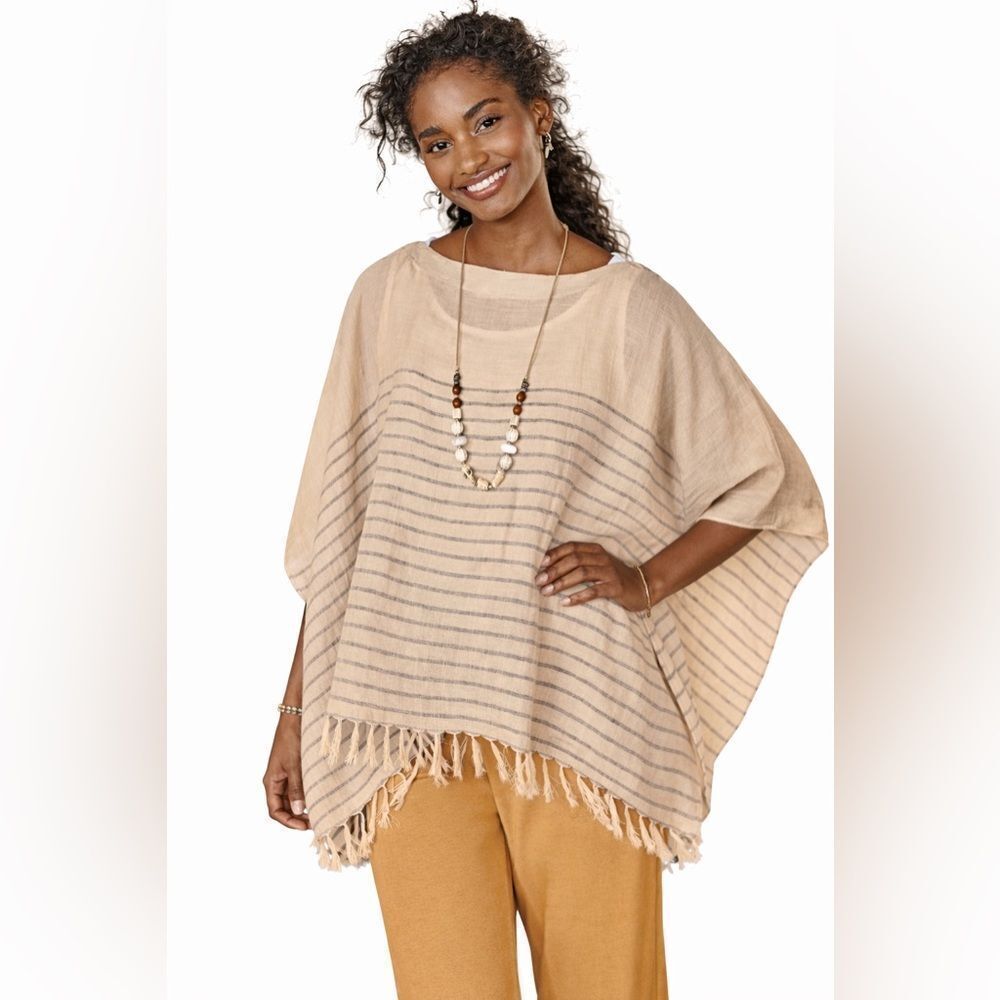 NWT Pure Jill Linen Blend Striped Poncho Top | One Size | Neutral Beige